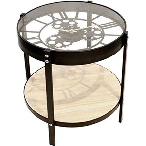 HOME DECO FACTORY HD6446 Table Basse d'Appoint Ronde Horloge Noir Beige et Transparent Métal Bois et Verre Petit Modèle D40,5 x H39 cm - Publicité