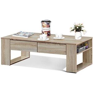 COSTWAY Table Basse avec 2 Grands Tiroirs et 2 Tablettes Latérales, Table Salon Rectangulaire pour Salon, Couleur Chêne, 120 x 60 x 40cm - Publicité