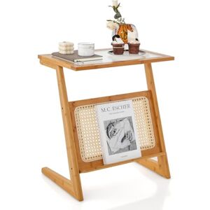 COSTWAY Table d’Appoint Bohême avec Porte-Revues en Rotin, Bout de Canape en Bambou avec Plateau en Verre Trempé, Petite Table d’Appoint Salon, 50 x 36 x 56 cm (Z, Jaune) - Publicité