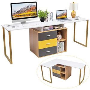 COSTWAY Table Imformatique 220 x 55/110 x 165 cm, Bureau d'angle en Forme L pour 2 Personnes avec 3 Tiroirs et 2 Etagères, Poste de Travail pour Ordinateur pour Maison et Bureau - Publicité