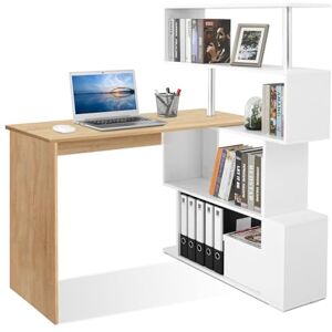 Mondeer Bureau Informatique, Bureau d‘Ordinateur avec Étagère Rangement à Quatre Niveaux, Table de Travail PC Table pour Bureau et Salle d‘Etude, 157 x 45 x 130,5 cm, Chêne et Blanc - Publicité