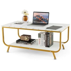 COSTWAY Table Basse Salon Double Plateau Effet Marbre, Table Salon Rectangulaire Moderne, Cadre en Métal, 105 x 55 x 46,5 cm (Blanc doré) - Publicité
