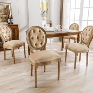 Sweiko Lot de 4 Chaises de Salle à Manger,Chaise Rembourrée de Cuisine avec Boutons Touffetés Louis,Velours Chaise avec Dossier Rond,Chaises de Luxe avec Pieds en Bois Massif (Beige+4 chaises) - Publicité