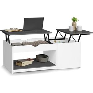 IDMarket Table Basse 2 Plateaux relevables EYLA avec Coffre Bois Blanc et Gris - Publicité