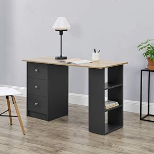 [en.casa] Bureau Table de Bureau Secrétaire Poste de Travail Informatique avec 3 Tiroirs et 3 Étagères Plat de Bois Mélaminé Gris foncé et Bois 120 x 49 x 72cm - Publicité