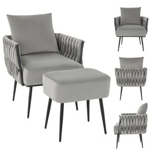 COSTWAY Fauteuil de Salon avec Tabouret et Oreiller Lombaire, Fauteuil Scandinave en Velours Hollandais, Chaise de Loisirs avec Pieds Métalliques, Dossier et Accoudoirs Tissés, Charge 150 KG (Gris) - Publicité