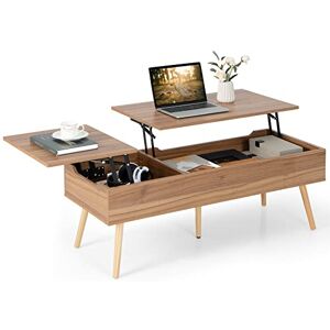 COSTWAY Table Basse Relevable avec 2 Plateau Relevables et 2 Compartiments Cachés, Table Basse Transformable 5 Pieds en Bois Massif pour Salon Bureau, Marron - Publicité