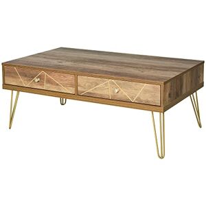 HOMCOM Table Basse en Bois Table de Salon Grand Plateau et 2 Tiroirs Design de Luxe Élégant Décoration avec Lignes Dorées Peintes à La Main 110L x 59l x 42H cm Brun - Publicité