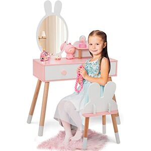 COSTWAY Coiffeuse Enfant 2 en 1 avec Miroir en Forme Lapin,Table de Maquillage en Bois avec Tabouret Mignon,2 Tiroirs,Étagère de Rangement,Style de Princesse pour Fille (Blanc)… - Publicité