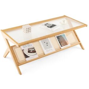 COSTWAY Table Basse, Table Salon 120 cm en Bambou avec Plateau en Verre Trempé, Porte-Revues en Rotin, Table Basse Design Naturel, Style Bohême, pour Salon, Bureau, Chambre - Publicité