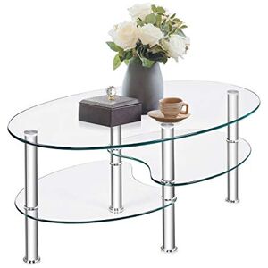 COSTWAY Table Basse en Verre Transparente avec 3 Etagères en Verre Trempé, Table Basse Salon Ovale pour Salle, Salon, Chambre, 90x50x45cm - Publicité