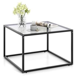 COSTWAY Table Basse Carrée, Table Basse Verre Trempé, Cadre en Métal Noir, Design Minimaliste, Table Salon, Repose-Pieds réglables, Assemblage Facile, 70 x 70 x 45 cm (Gris) - Publicité