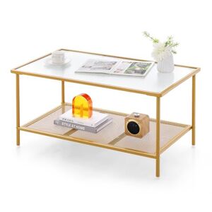 COSTWAY Table Basse Rectangulaire, Table Basse Verre avec Étagère en Maille, Cadre en Métal Doré, Design Moderne, Table Salon, Assemblage Facile, 90 x 50 x 46 cm - Publicité