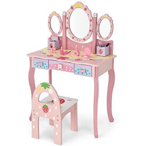 COSTWAY Coiffeuse pour Enfants de 3+ Ans, Ensemble Coiffeuse et Chaise avec Miroir Pliable à Trois Volets, 3 Tiroirs et 2 Boîte de Rangement, 70 x 34 x 105 cm, Rose… - Publicité