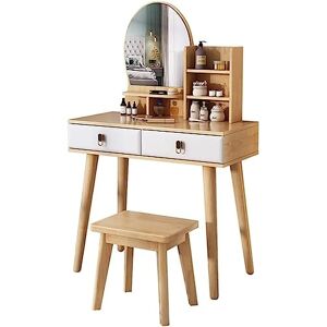 OAkita Coiffeuse de Maquillage avec Miroir Rond, Bureau, Chambre à Coucher, avec 2 Grands tiroirs, Meuble de Rangement, Tabouret pour Femmes et Filles (Couleur : A, Taille : 80 cm) (A 80 cm) - Publicité