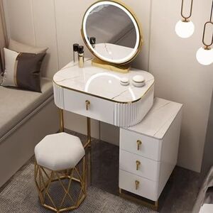 Coiffeuse de maquillage avec miroir éclairé à LED et tabouret rembourré, tiroirs modernes pour chambre à coucher - Publicité