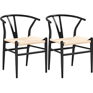 Yaheetech Lot de 2 Chaises de Salle à Manger Vintage Chaises Tressées de Cuisine avec Coussin de Siège en Corde de Papier Chaises de Chambre Cadre en Métal pour Cuisine Salon Chambre Noir et Bois - Publicité