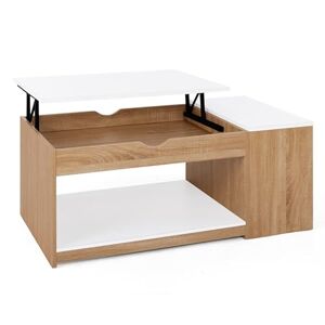 IDMarket Table Basse Plateau relevable rectangulaire ELEA avec Coffre Bois façon hêtre et Blanc - Publicité