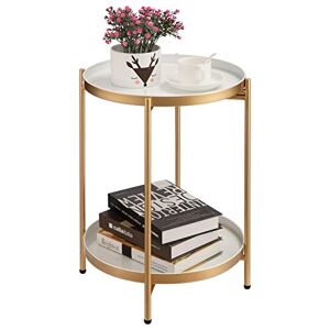 HollyHOME Table d'appoint Ronde à 2 Etages avec Plateau en Métal Doré, Table Basse Bout de Canapé pour Salon Chambre Balcon Terrasse, Doré & Blanc - Publicité