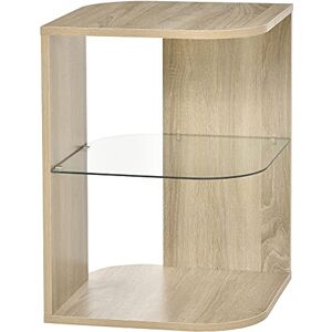 HOMCOM Table d’Appoint Guéridon Design Contemporain Bout de Canapé étagère Verre trempé Aspect chêne Clair - Publicité