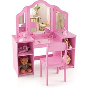 COSTWAY 2 en 1 Coiffeuse et Chaise Enfants avec Miroir Amovible à Trois Volets, Table de Maquillage Princesse avec 4 Compartiments de Stockage, 104x40x117cm pour Enfants de 3 Ans+ - Publicité