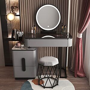 CPARTS Coiffeuse Moderne pour Femme avec Miroir, éclairage 3 Couleurs, Dessus de Table en Verre, Armoire de Rangement et Tabouret (Gris + Noir a 80 cm/31,5 Pouces) - Publicité