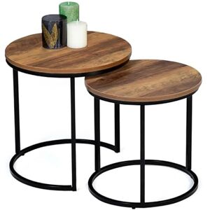 IDMarket Lot de 2 Tables Basses gigognes Hawkins Rondes 40/45 Bois foncé Design Industriel - Publicité