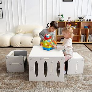 BanaSuper Ensemble Table et Chaises pour Enfants Bureau d'activités en Plastique pour Enfants avec 2 Tabourets Ensemble de Meubles Multifonctions pour Tout-Petits pour Garçons et Filles (Blanc Gris) - Publicité