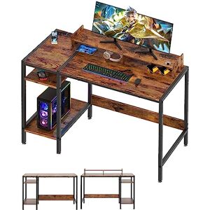 MINOSYS Bureau d'ordinateur – Bureau de jeu de 99 cm, bureau de bureau à domicile avec rangement, petit bureau avec support pour moniteur, bureau d'écriture rustique pour 2 écrans, espace de rangement - Publicité