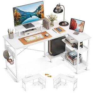 ODK Bureau d'angle en Forme L avec étagère de Rangement, 120x80x75cm Bureau Angle d'Ordinateur Gamer Informatique avec Support d'écran&Crochet Casque, Table Angle pour Jouer, Travail (Blanc) - Publicité