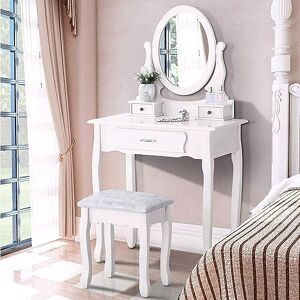 jeerbly Coiffeuse blanche avec tabouret, miroir, 3 tiroirs, 40 x 75 x 136 cm, style maison de campagne, pour femme et fille, en bois MDF - Publicité
