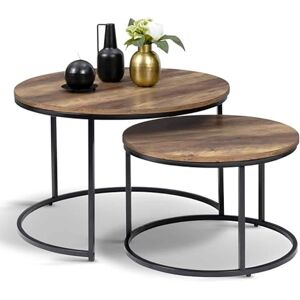 IDMarket Lot de 2 Tables Basses gigognes Hawkins Rondes 54/70 Bois foncé Design Industriel - Publicité