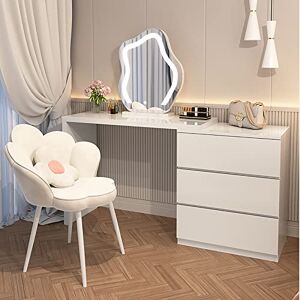 FCYNNV Coiffeuse, Bureau de maquillage avec miroir éclairé par LED, grand ensemble de coiffeuse, coiffeuse avec table de chevet mobile et tabouret rembourré, lumière 3 couleurs réglables, pour Be (blanc a lo - Publicité