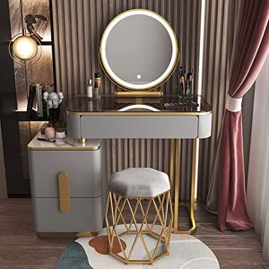 CPARTS Coiffeuse Moderne pour Femme avec Miroir, éclairage 3 Couleurs, Dessus de Table en Verre, Armoire de Rangement et Tabouret (Gris + Or a 80 cm/31,5 Pouces) - Publicité