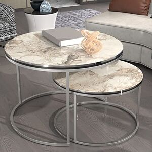 [en.casa] Set de 2 Tables d'Appoint Lot de Bouts de Canapé Polyvalentes Rondes Gigognes Panneau de Particules Métal Marbre Blanc Argent - Publicité