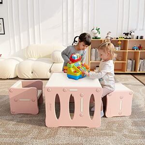 BanaSuper Ensemble Table et Chaises pour Enfants Bureau d'activités en Plastique pour Enfants avec 2 Tabourets Ensemble de Meubles Multifonctions pour Tout-Petits pour Garçons et Filles (Rose Blanc) - Publicité