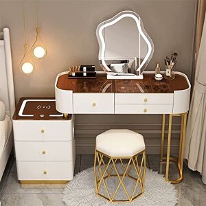 Ensemble de bureau de maquillage avec station de charge sans fil et haut-parleur Bluetooth, miroir de maquillage avec miroir éclairé dimmable 3 couleurs, 5 tiroirs, tabouret rembourré, ta - Publicité