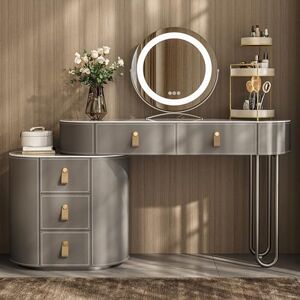 LJFDXD Ensemble de Coiffeuse Moderne avec Miroir Éclairé 3 Couleurs, Bureau de Luxe en Bois Massif, Table de Maquillage avec 5 Tiroirs, Réglage de La Luminosité et Miroir Rotatif à 360°, Gris (Color - Publicité