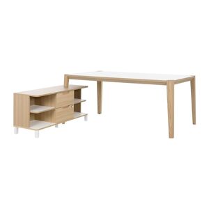 Bureau avec retour en meuble de rangement, plateau L 180 x P 90 cm, piétement bois massif - Absolu - plateau blanc