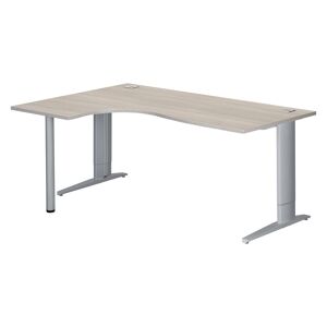 Bureau compact chêne gris L 180 cm retour à gauche piètement L réglable métal Plus aluminium Essens Blanc