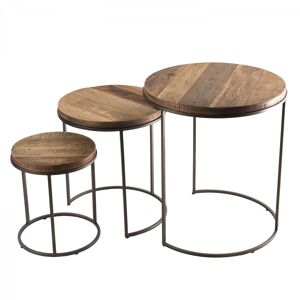 MACABANE Tables d'appoint en teck recyclé acacia mahogany pieds métal noir D50 - Publicité