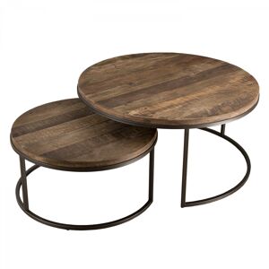 MACABANE Tables basses gigogne en teck recyclé acacia mahogany métal noir D80 - Publicité