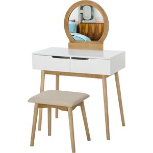 Homcom Coiffeuse design scandinave miroir 2 tiroirs tabouret blanc pin clair - Publicité