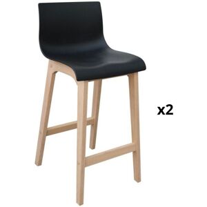 Mob In Tabourets d'ilot 65 cm pieds chene assise plastique noire - Lot de 2