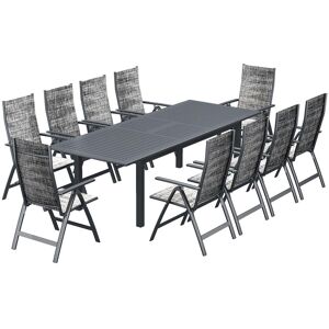 Concept Usine Table de jardin extensible 10 places et 10 fauteuils en alu Gris 276x75x100cm