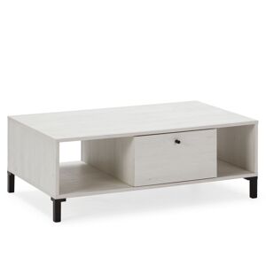 HOMN Table basse 1 tiroir 2 niches, couleur blanc et bois, 100 cm longueur