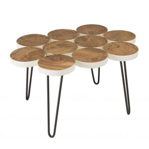 MACABANE Table basse plateau rondelles bois Teck pieds epingles metal L80
