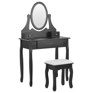Beliani Coiffeuse avec miroir ovale 3 tiroirs et tabouret noir Noir 80x137x40cm