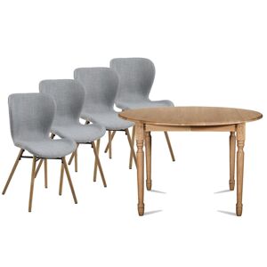 Hellin Table ronde extensible pieds tournes D115 + 4 chaises tissu
