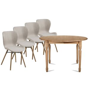 Hellin Table ronde extensible pieds tournes D115 + 4 chaises tissu